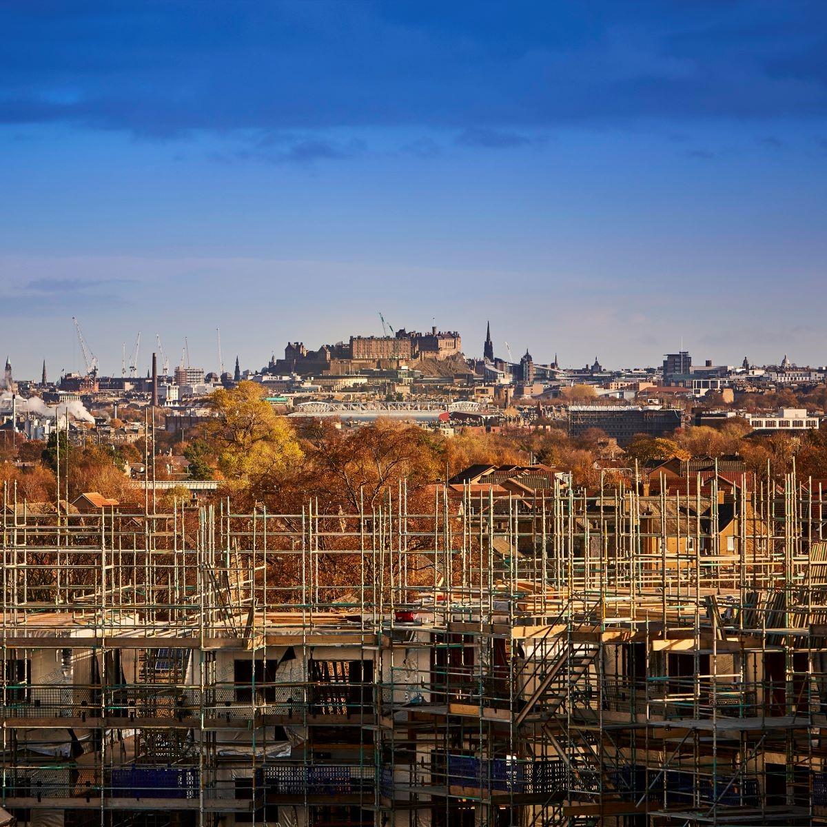 Edinburgh Castle in distance with construction in front